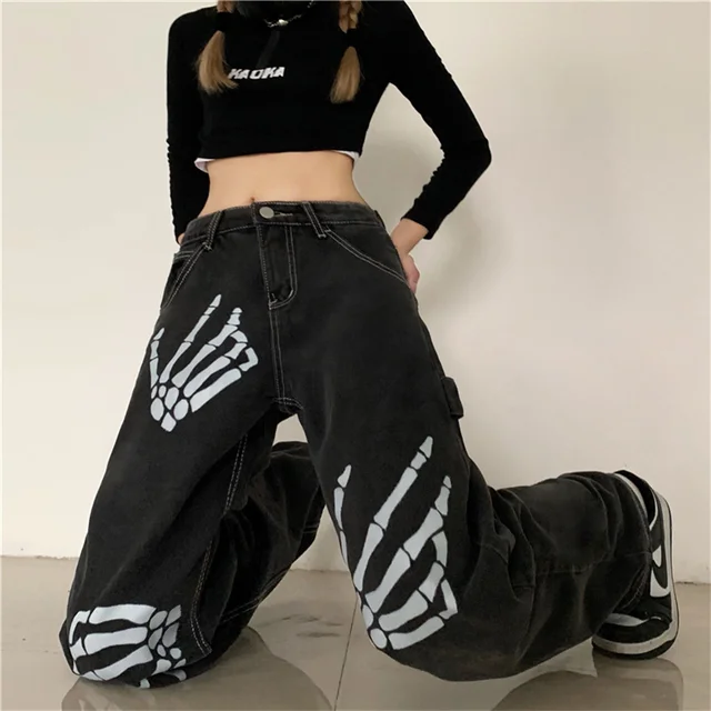 Anivia Jeans Y2K Harajuku Hip Hop Lucky Black Print Baggy Jeans