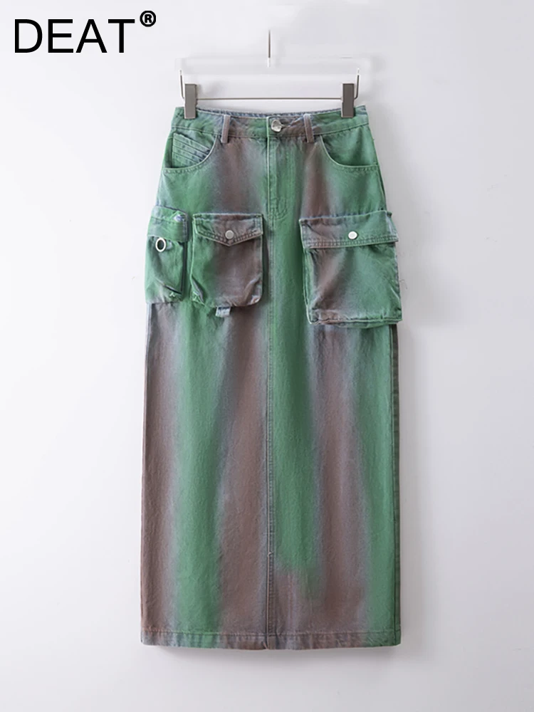 

DEAT Women Denim Skirt High Waist Tie-dye Patchwork Multiple Pockets Split Wrap Hip Long Skirts 2023 Autumn New Fashion 29L3112