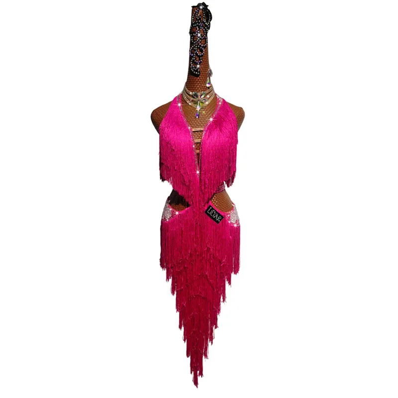 Latin Dance Dress Adult Children Rose Red Embroidered Fringe