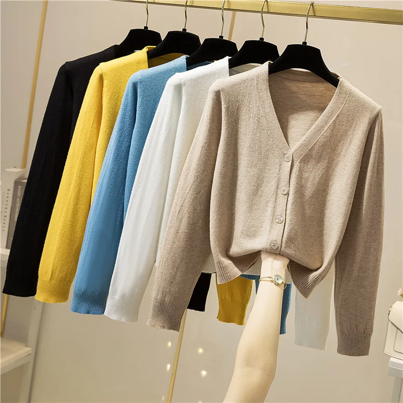 봄과 가을 니트 카디건 여성 짧은 야외 셔츠 긴 소매 최고 V-neck 스웨터 올 매칭 느슨한 겉옷 얇은
