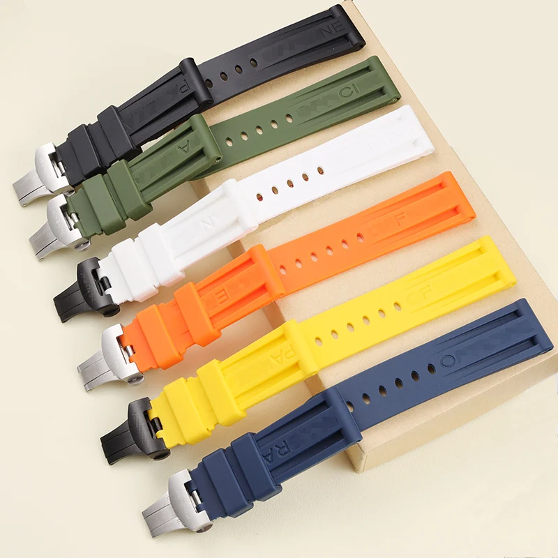 

High Quality 24mm/26mm Soft Rubber Watchband For Panerai Tape Wrist Bracelet Silver Black Deployment Clasp Logo on