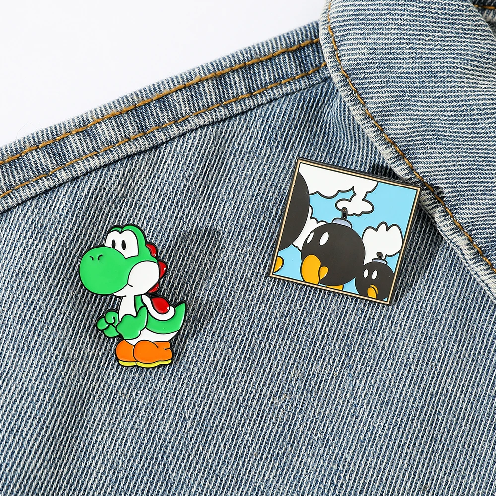 2 Pcs Cute Cartoon Game Character Bomberman Mario Yoshi Green Dinosaur Brooch Badge Accessories
