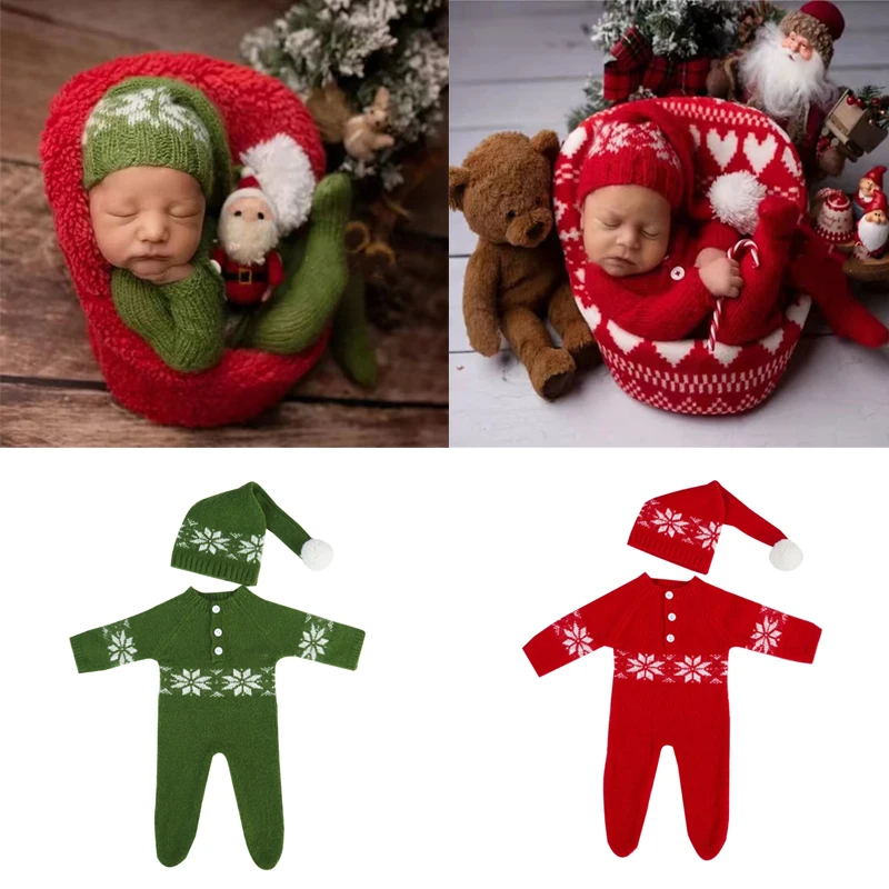 

Newborn Photography Props Crochet Christmas Red Hat and Jumpsuit Set Santa Claus Baby Photography Outfit for Boys Girls