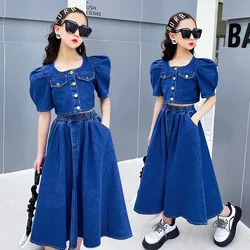 Summer Girls Clothing Set Denim Short Tops Skirt Outfits for Children Autumn Blue Fashion Two Pieces 2023 New Teen Kids Costumes