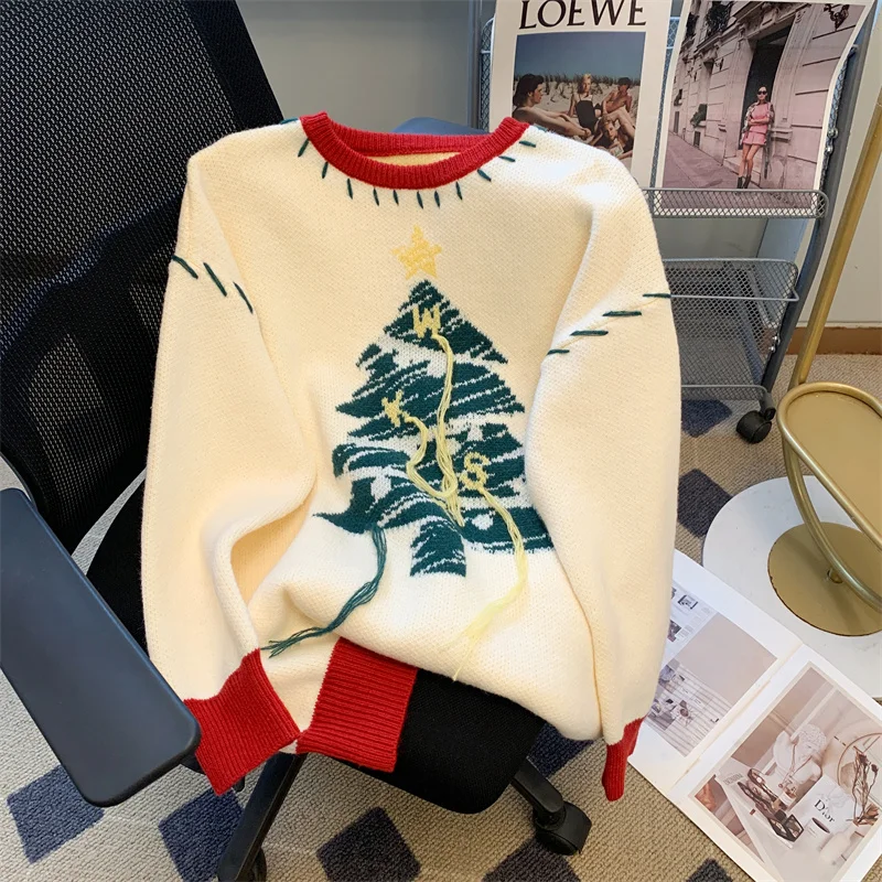 

Christmas Tree Pattern Knit Sweater Pullover Women Fashion Loose Casual Ladies Tops Winter Long Sleeve O-neck Knitwear Jumpers