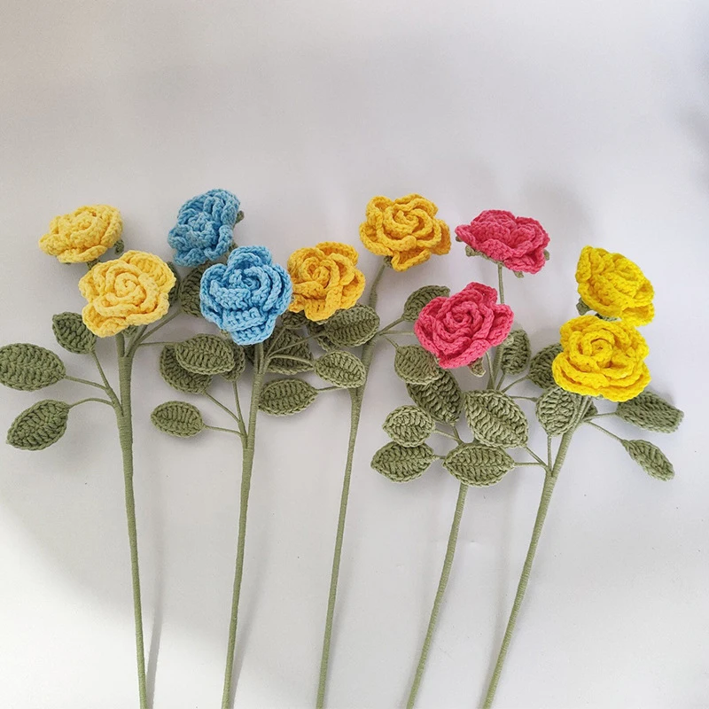 

Home Decor Finished Handmade Knitted Flowers Roses Artificial Fake Flowers Bouquet Needle Hooks Plants Birthday Gifts