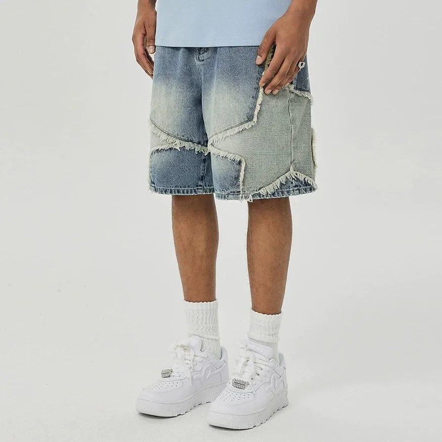 Washed Stars Patchwork Baggy Jeans Shorts for Men High Street Wide Leg Straight Casual Denim Five Point Pants Oversized