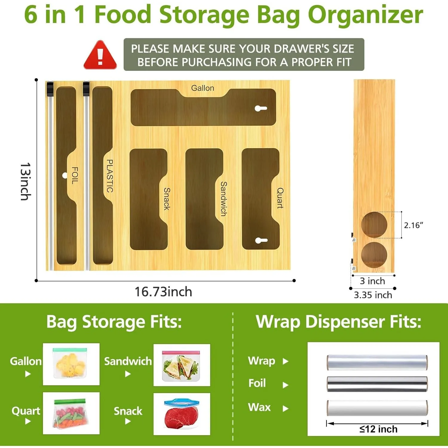 Bag Storage Organizer for Kitchen Drawer, 6 in 1 Foil and Plastic Wrap Dispenser with Cutter, Bamboo Plastic Baggie Organizer ﻿ 2