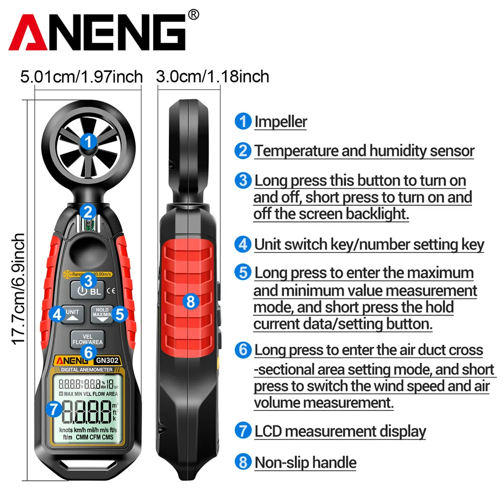 ANENG GN302 풍속계 디지털 풍속계 0.430m/s 휴대용 공기 속도계 9999 카운트 온도 습도 측정
