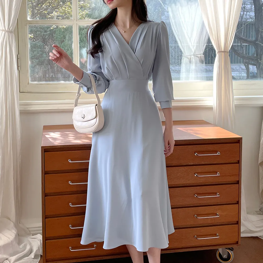 Korean Fashion Autumn Midi Dresses for Women Long Sleeves V-neck A-line Solid Casual Dress Office Lady Clothing New