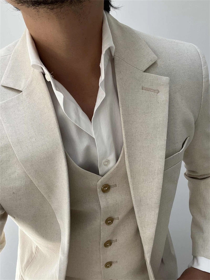 3 Pieces Linen Men Suits for Beach Party Slim Fit Beige Wedding Tuxedo for Groom Prom Blazer with Vest Pants