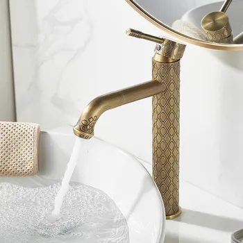 โบราณแกะสลักห้องน้ําก๊อกน้ําทองเหลืองอ่างล้างหน้าก๊อกน้ําร้อนและเย็นห้องน้ําอ่างล้างจานก๊อกน้ําดาดฟ้าติดตั้ง Lavotory ก๊อกน้ําก๊อกน้ํา 2