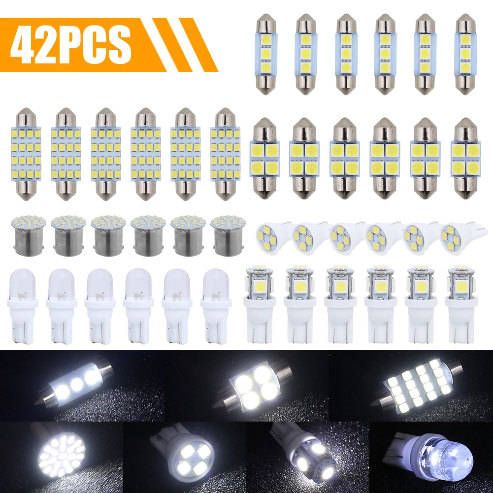 

42Pcs Car Interior Light T10 W5W LED Bulb Combination 6000K White Interior Map Dome Door Trunk License Plate Light Accessories