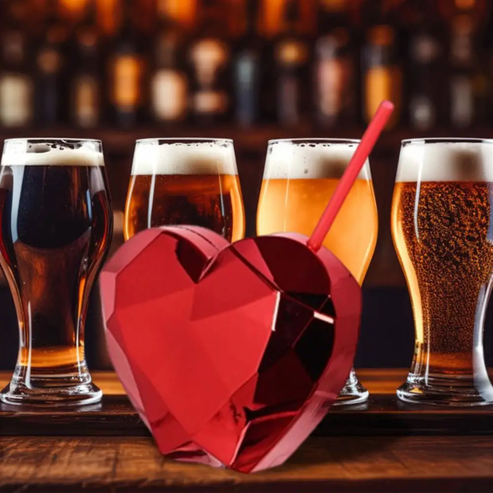 

600ml Heart Shape Straw Cup Electroplating Cocktail Glass Flash Disco Ball Cup with Straw Drinkware Party Bar Decor