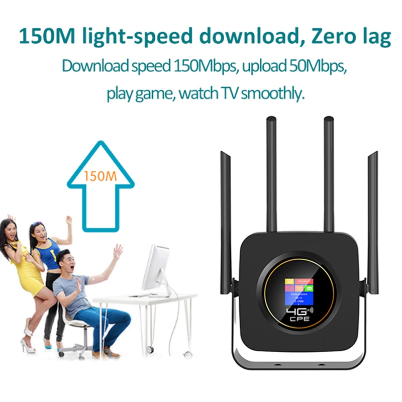 KuWfi 4G Wifi Router Na Kartę Sim 300Mbps 4 Anteny Wyświetlacz LCD.