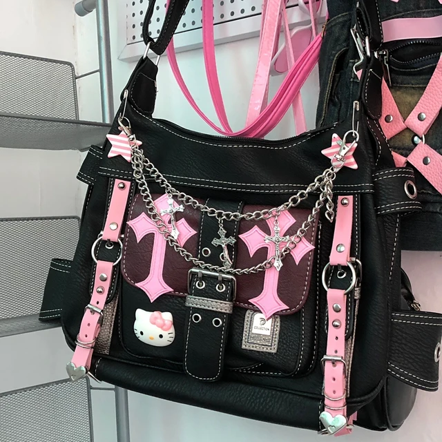 Hello Kitty Sanrio Gothic Girl Retro Women Crossbody Bag Hot Girls Black  Pink Contrast Fashion Handheld Leather Bag Holiday Gift - AliExpress