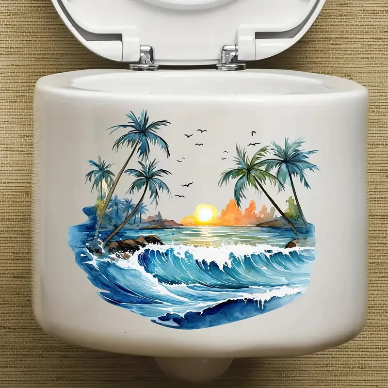 Summer Day Coconut Trees Self-Adhesive Toilet Stickers Wall Decal Removable Reusable PVC Sticker for Toilet Lid Bathroom Decor toilet stickers toilet wall stickers toilet seat stickers