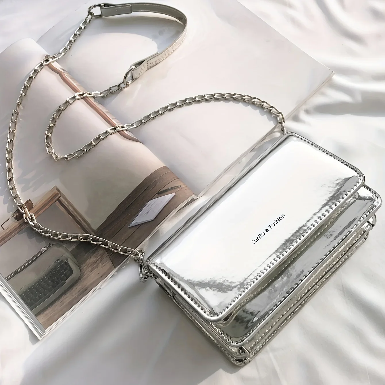2025 Neue Mini-Umhängetasche aus PU-Leder für Damen, 2 Fächer, rechteckige Flip-Umhängetasche/Brusttasche, Silber und Schwarz – Detail 6