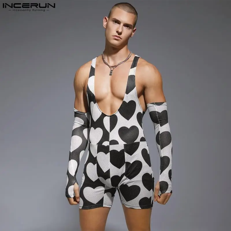 

INCERUN Men Rompers Printing O-neck Sexy Bodysuits Men 2023 Pajamas Homewear Cozy Fashion Casual Playsuits With Sleeve S-3XL