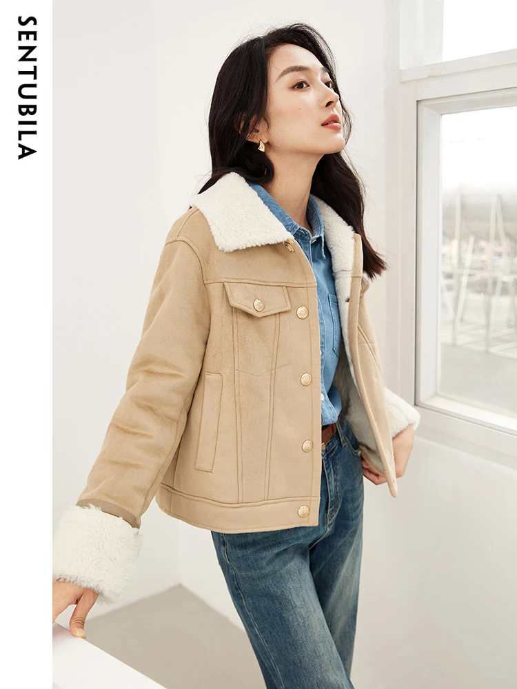 SENTUBILA Winter Single Breasted Faux Fur Coat Women Lapel Cropped Jackets Ladies Streetwear Warm New Outerwear Female W34P50142