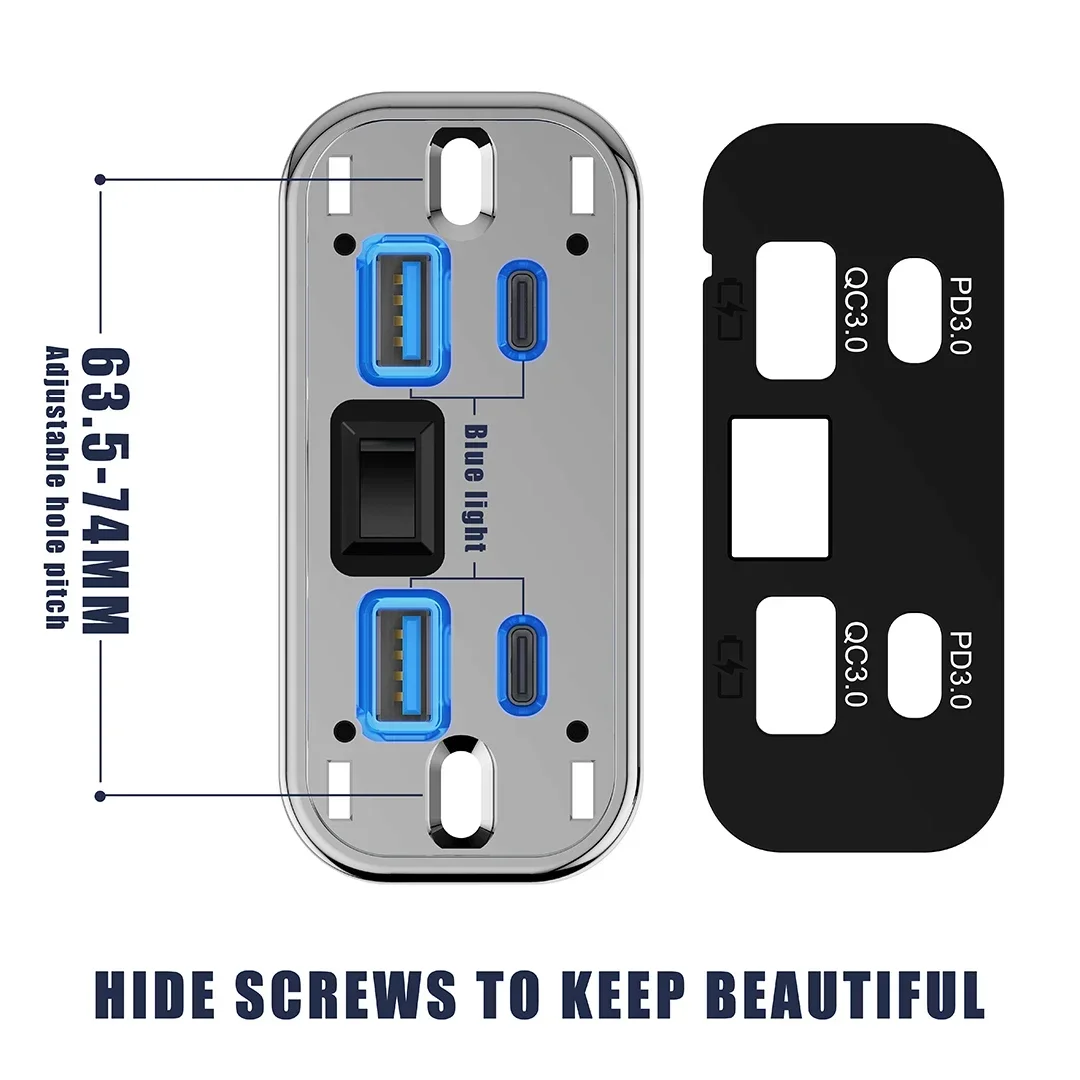 4-Port 12V/24V Car USB Socket Charger 76W Dual PD3.0 Type-C Dual Quick Charge QC3.0 Power Adapter for Marine Bus ATV Truck