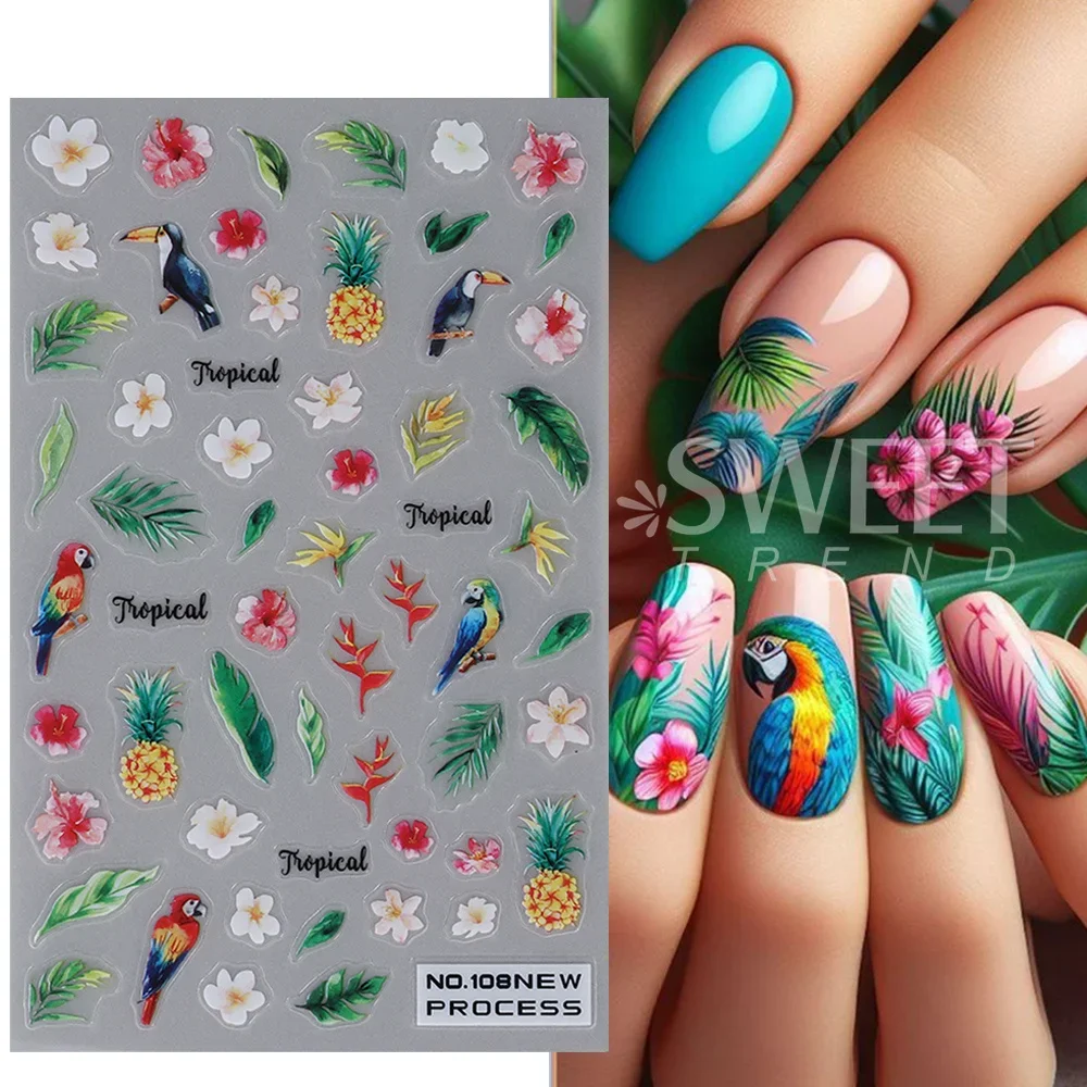 2pcs Tropical Green Leaf Designs Nail Art Stickers Palm Leaves Hibiscus Birds Decals Spring Summer DIY 3D Designs Manicure Tips