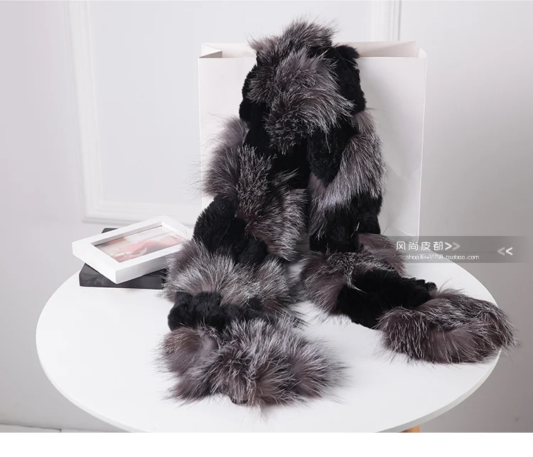 Harppihop silver fox fur black color New Fox fur c/w rex rabbit fur scarf wrap cape shawl best Christmas gift birthday gift 3