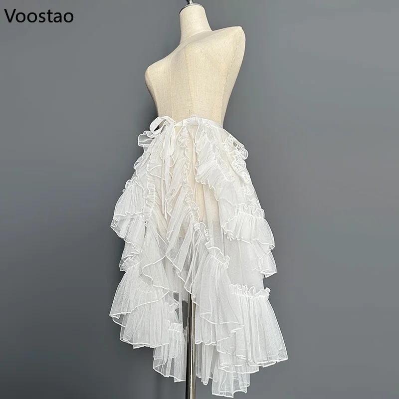 Sweet Lolita Style Double Layer Lace Asymmetrical Ruffles Skirts Women Summer Mesh Cute Curtain Sheer Cover Up Thin Long Skirt