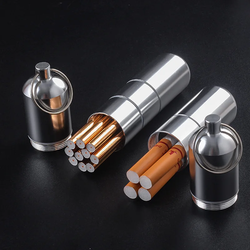 Waterproof Cigarete Case Silver Aluminum Alloy Cigarette Box Pill Toothpick Capsule Holder Keychain Mens Gift