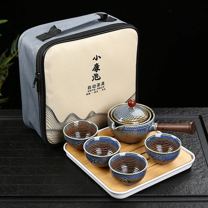 Chinese Porcelain Gongfu Tea Set Portable Teapot Set with 360 Rotation Tea Maker and Infuser Portable All in One Gift Bag