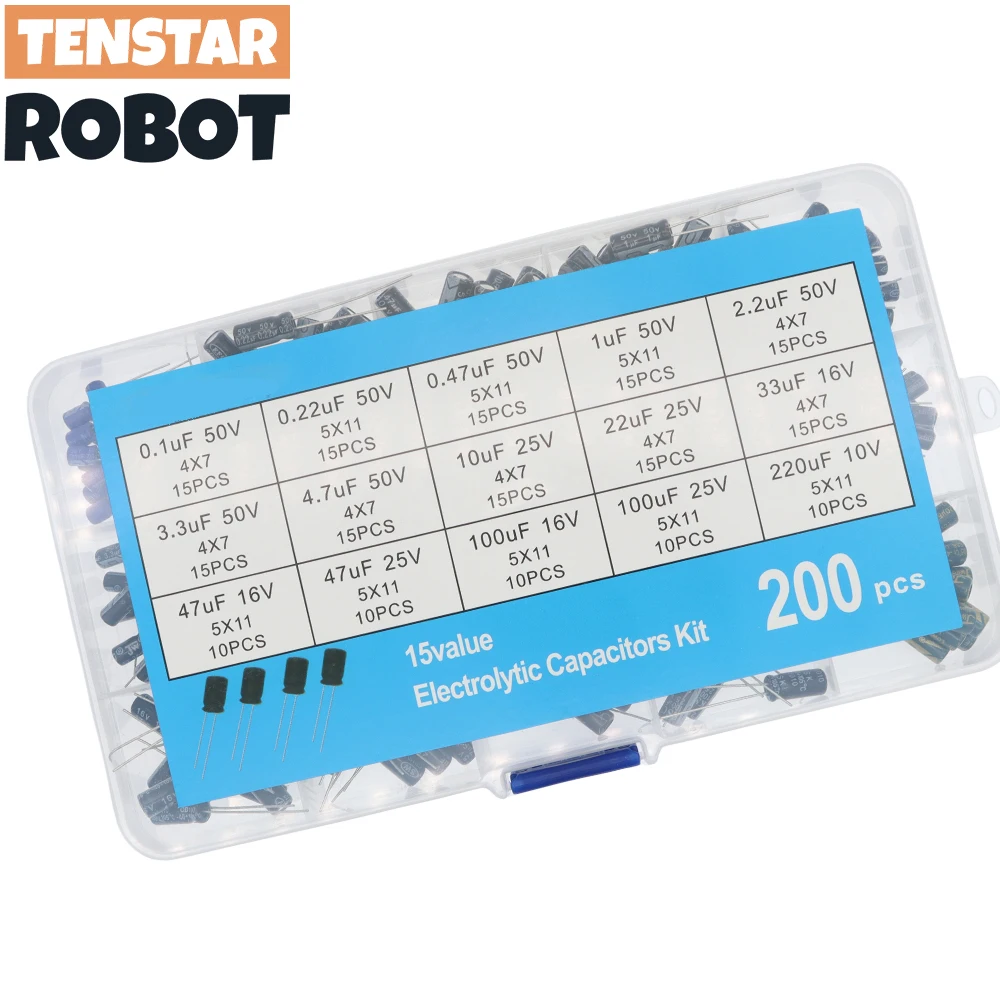200pcs Radial Electrolytic Capacitor Set 15Values 10V 16V 25V 50V 0.1uF-220uF electrolytic capacitor