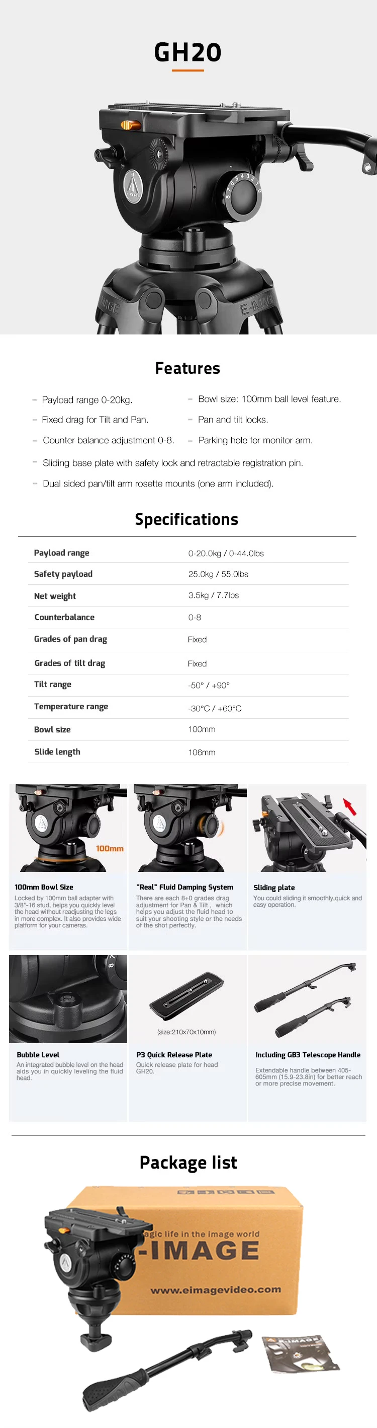 E-IMAGE GH20 20kg payload 100mm bowl size fluid head for video tripod with Count