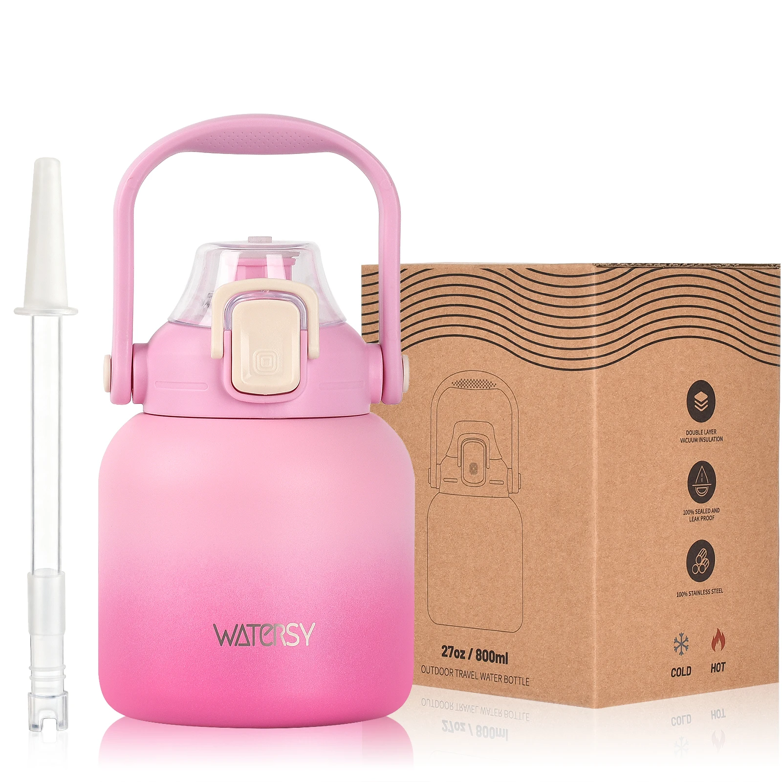 WATERSY 800ml Stainless Steel Water Bottle Double Wall Vacuum Insulated Thermal Cup with Straw & Handle, for Travel Gym Office