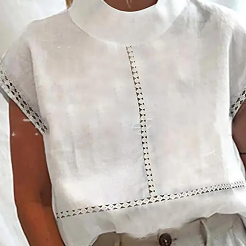 

Women Fashion Embroidery Turtleneck Blouse Shirts 2023 Elegant Half Sleeve Pullover Tops Ladies Summer Casual Cotton Linen Blusa