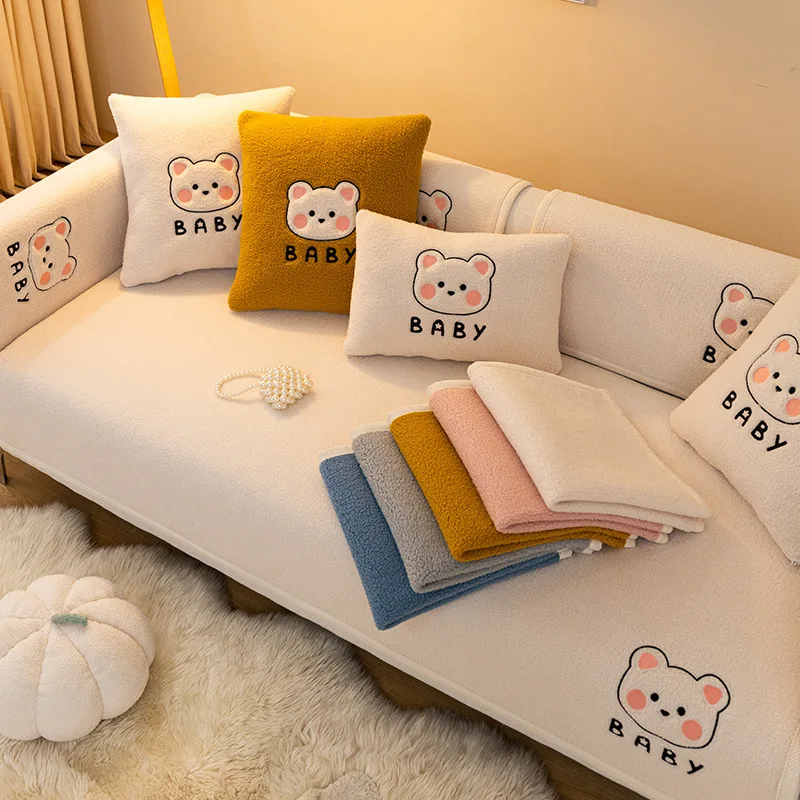 

Lamb's Wool Warm Velvet Sofa Cushion Winter Thickened Plush Cartoon Embroidery Sofa Cover Decorative Dust Non-Slip Backrest Cove