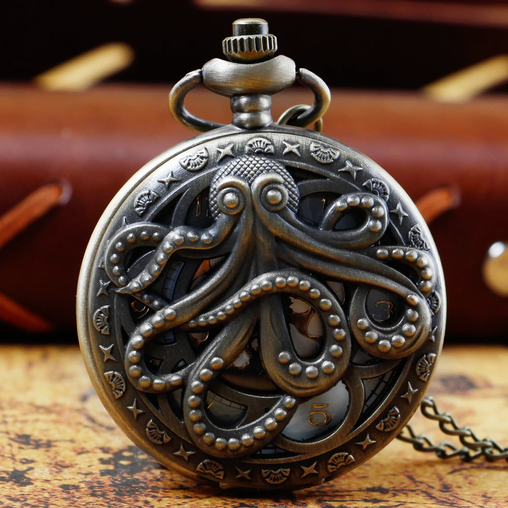 

Bronze Octopus Hollow Analog Design Pocket Watches With Chain Necklace Mens Women Quartz Pendant Clock reloj hombre