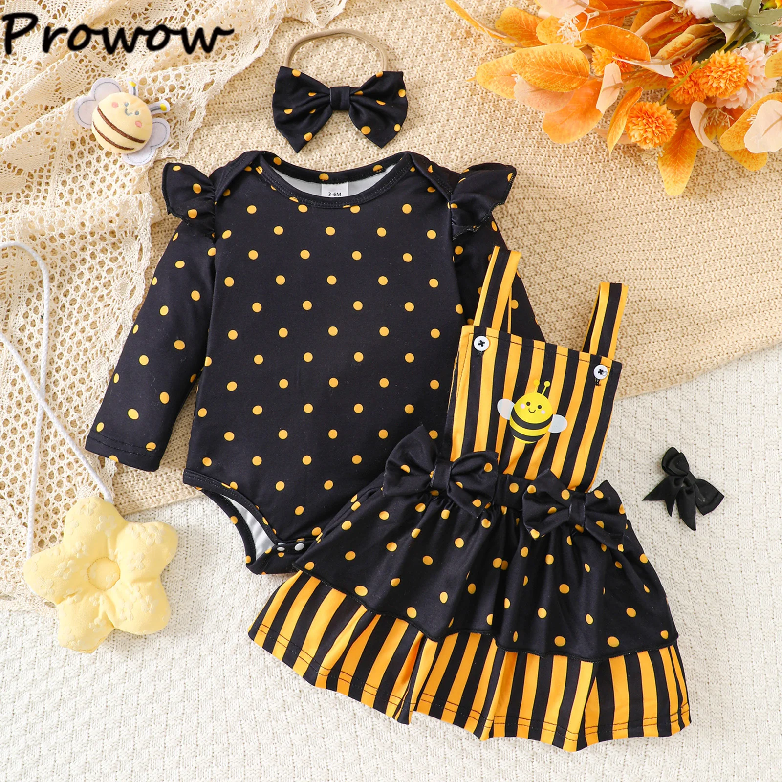 Prowow  소녀 꿀벌 옷 복장 세트 노란색 점 Romper 및 서스펜더 꿀벌 드레스와 머리 장식 3pcs  소녀 의상