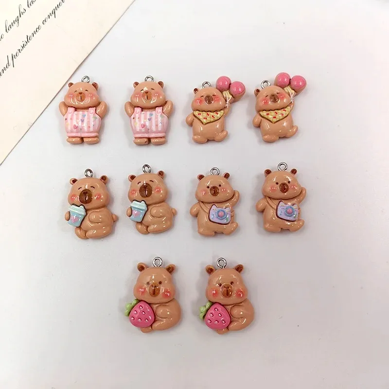 10개 신상 귀여운 카피바라 참 장식품, 쥬얼리 제작용 재료, 귀여운 레진 동물 펜던트 플랫백, 키체인 귀걸이용