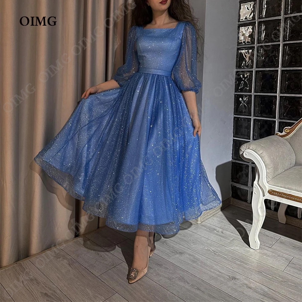 

OIMG Sparkly Blue Short Prom Party Dresses Square Neck Sleeveless Long Shiny Glitter Evening Gowns Night Event Cocktail Dress