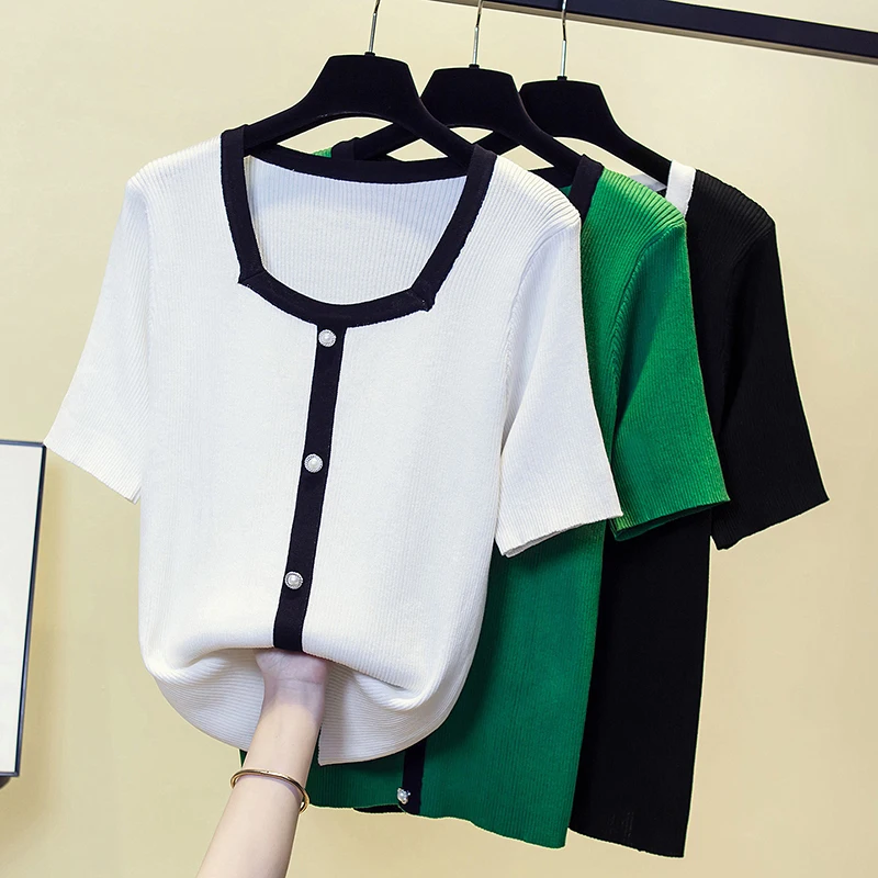 

Black Green White Short Sleeved Knitted Summer Style Top Fashion Blouses 2023 Cheap Vintage Clothes For Women Female Clothing