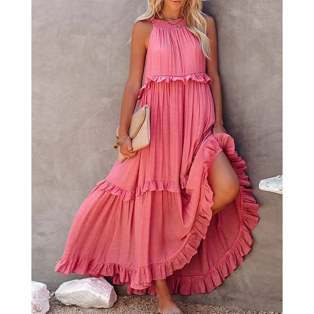 

Women Fashion Tierred Ruffles Sleeveless Maxi Dress Female Round Neck Loose Party Long Dress Ruched Casual Elegant Vacation