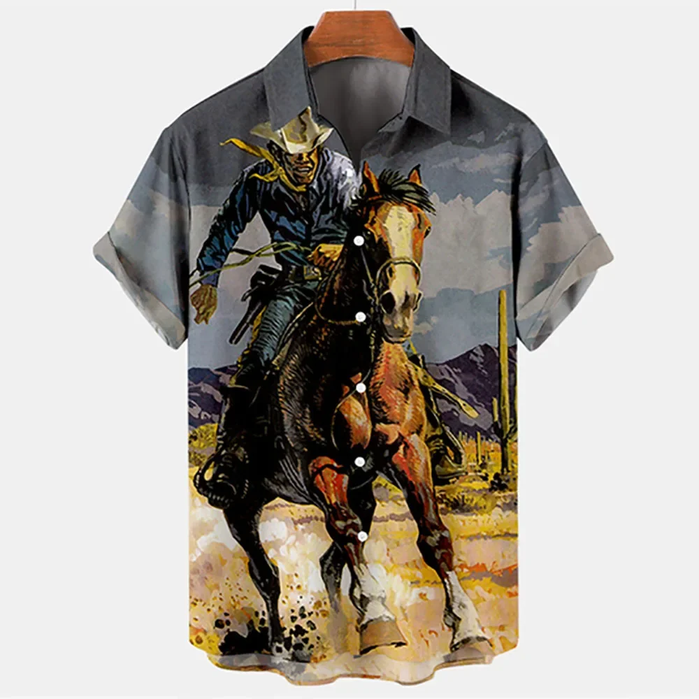 

Retro Western Denim Print Men's Short Sleeve Shirt Large Size Casual Open Cardigan Men's Lapel Top 2024 New Men's Shirt