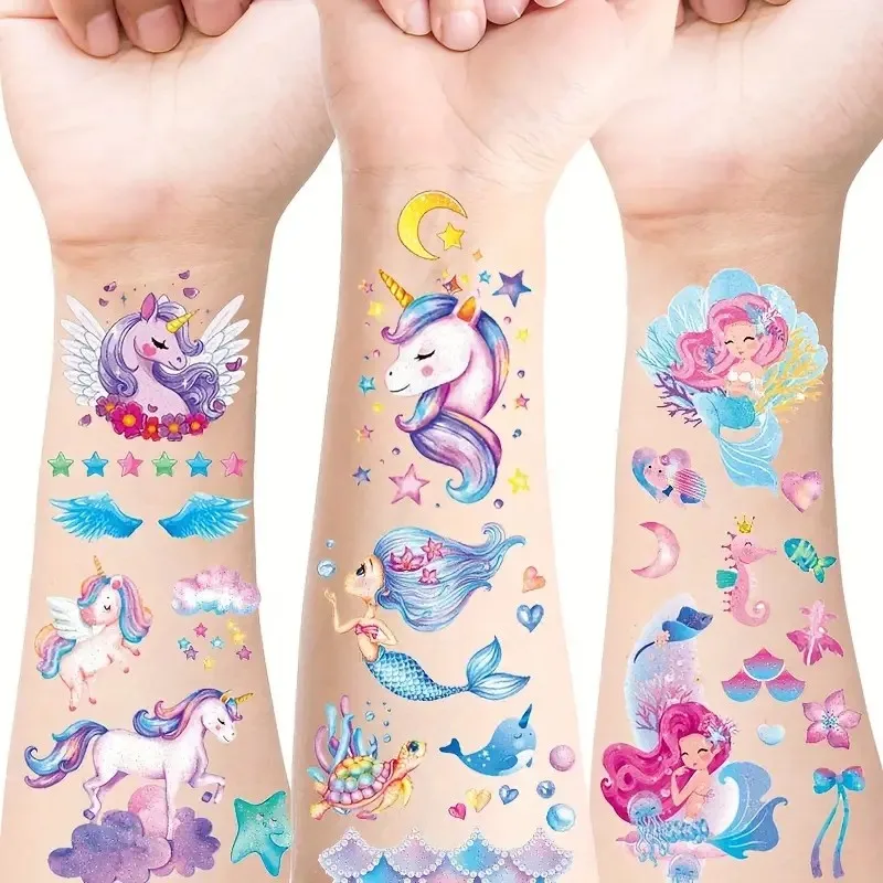 Glitter Unicorn Mermaid Temporary Tattoo Stickers For Kids Cartoon Rainbow Horse Mermaid Tattoos Cute Waterproof Body Art Tattoo view 2