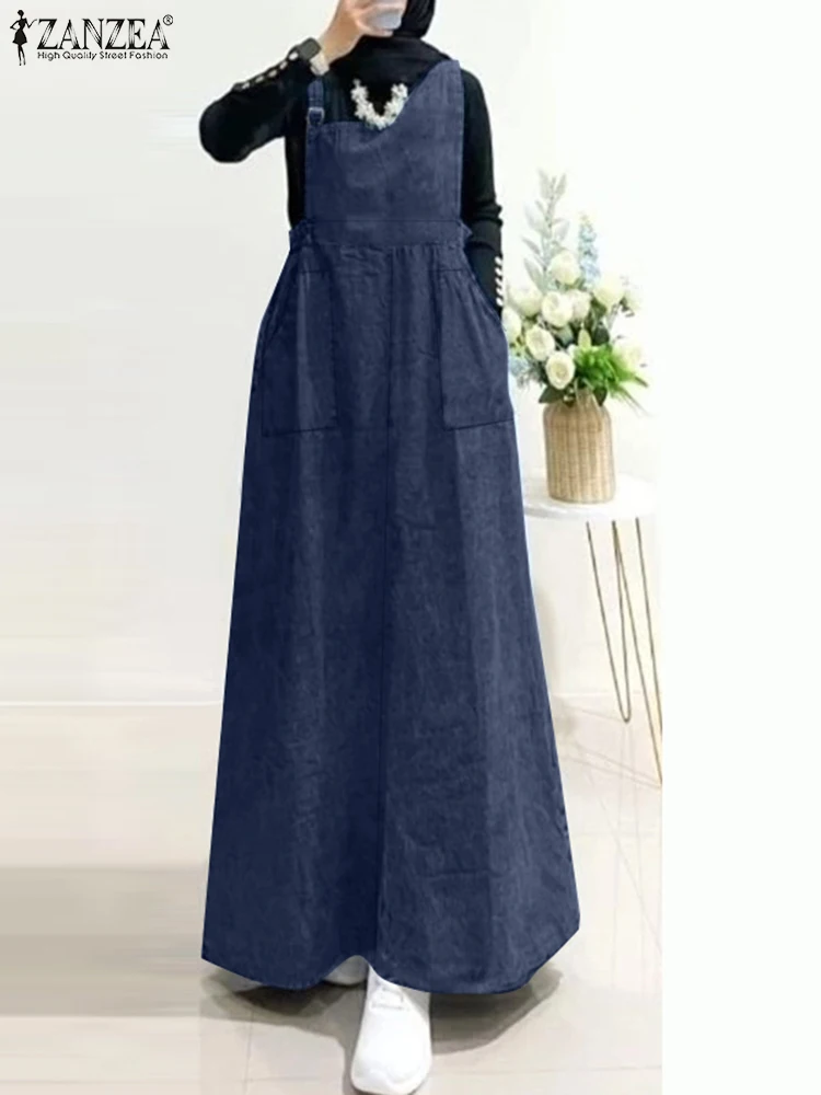 ZANZEA Autumn Sundress Muslim Turkey Dress Abaya Women Vintage Straps A Line Denim Blue Vestidos Sleeveless Overalls Dress