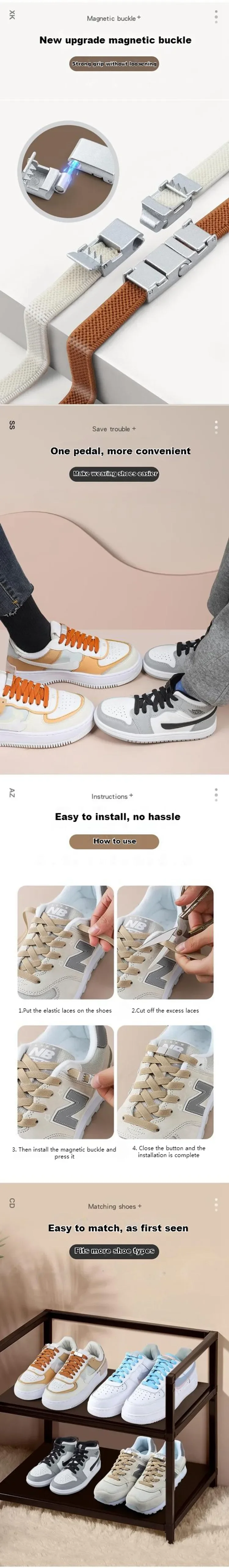 Magnetische Metall-Schnürsenkel für Sneaker, Elastische Schnürsenkel ohne Binden im College-Stil, Klassisches Design für Männer & Frauen – Detail 2
