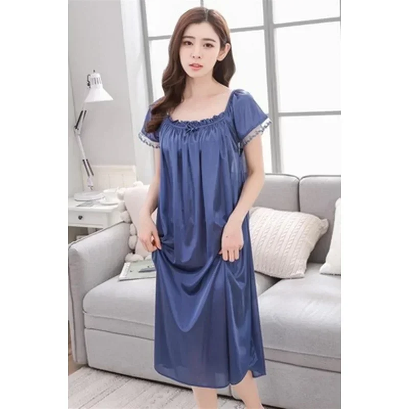 Long Nightdress Short Sleeve Loose Sleepswear New Hot Sexy Summer  Womens Solid Color Sleepshirt Home Clothing Lace Ice Silk