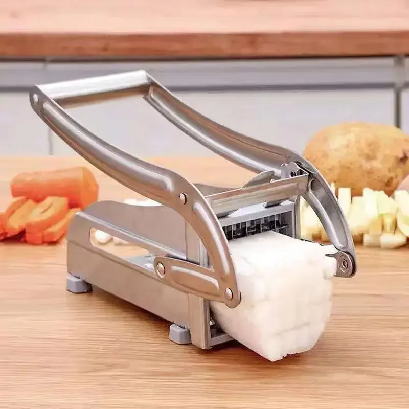 Rebanador de patatas y cortador de patatas fritas con 2 cuchillas de acero inoxidable, picadora de verduras Manual multifuncional para uso doméstico en la cocina