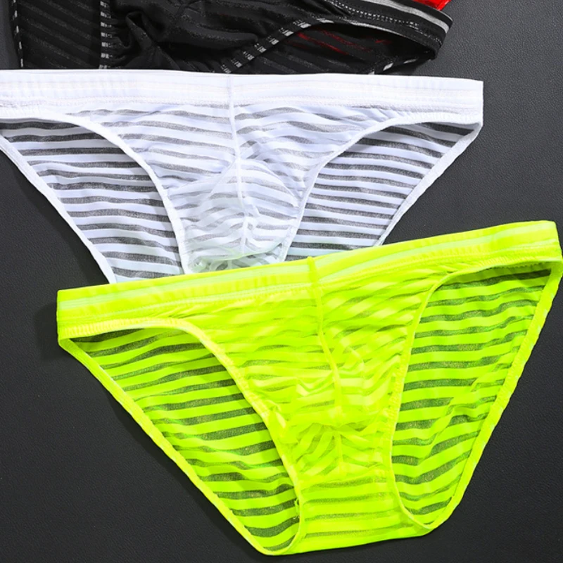 Ultra Thin Transparent Striped Mesh Men's Panties Male Briefs Ice Silk Breathable Seamless Underwear Sexy Lingerie Underpants