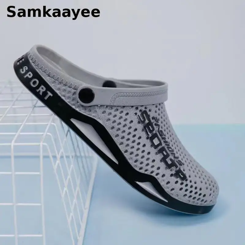 39-44 Mens Mules Clogs Summer Sandals Male Slippers Soft Bottom Beach Shoes Slip-On Zapatos Breathable Non-Slip Hollow Footwear