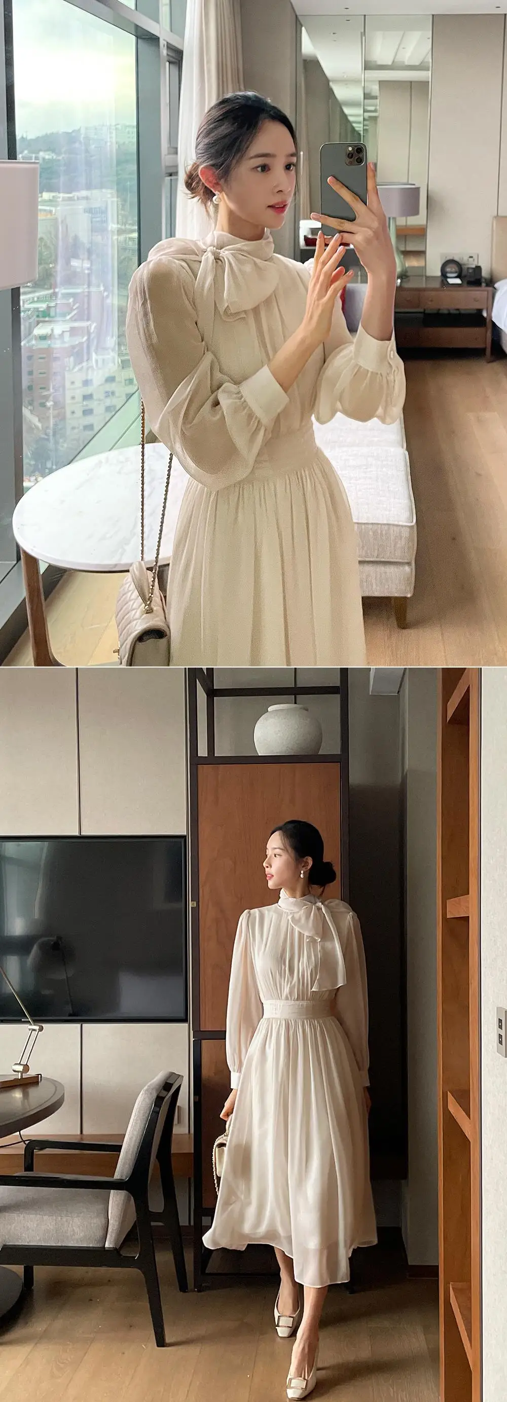 Elegant Midi Dresses for Women Long Sleeves Half High Collar Lace-up A-line Korean Fashion Autumn New One Piece Vestido Mujer